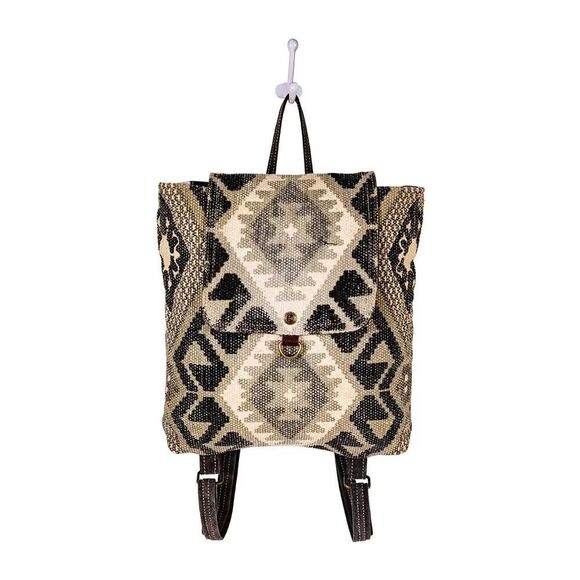 Myra Bag Handmade Arrowhead Backpack Upcycled Canvas & Cowhide Leather - Picture 11 of 13